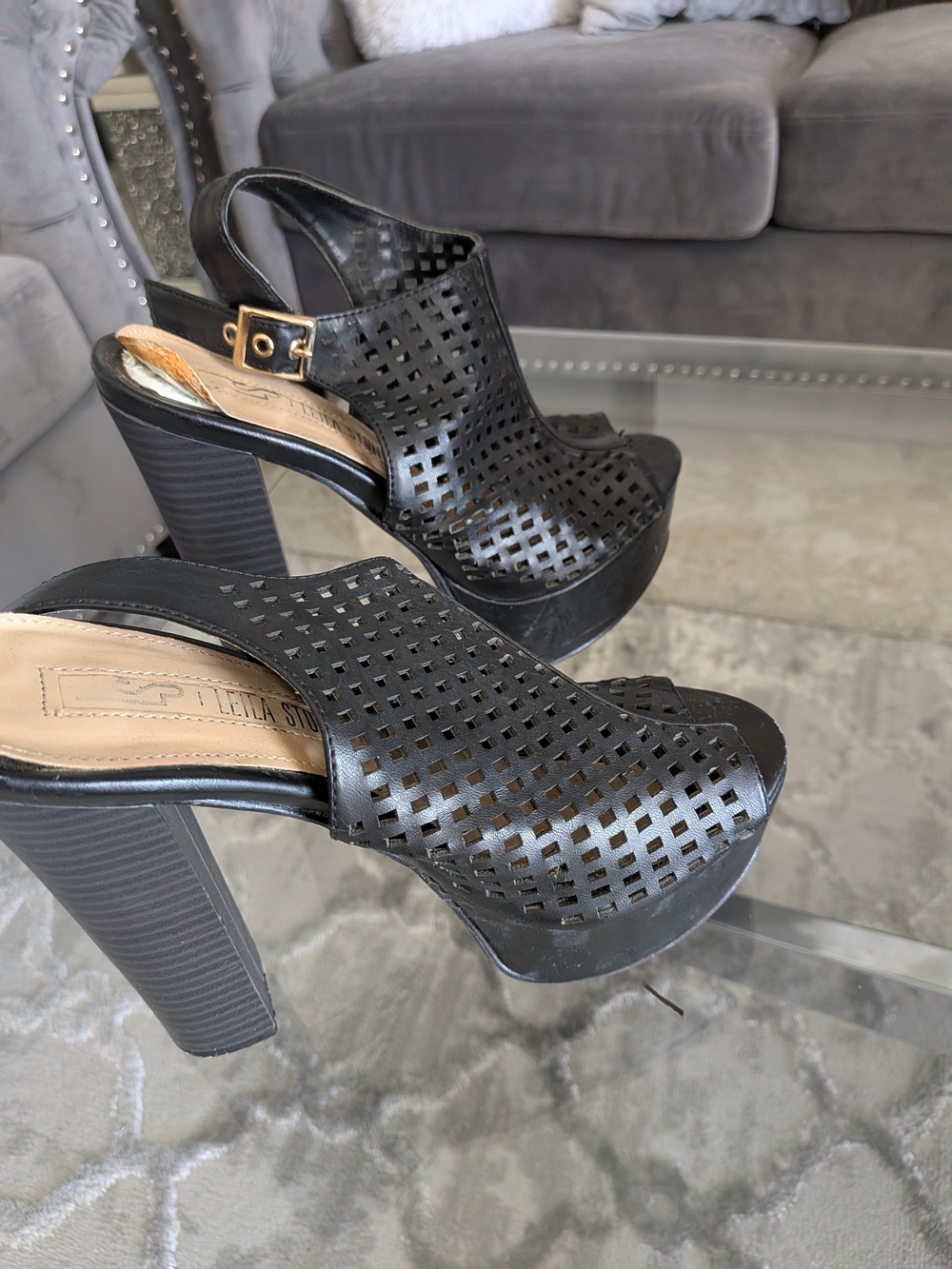 Black Perforated Platform Slingback Heels 5.5